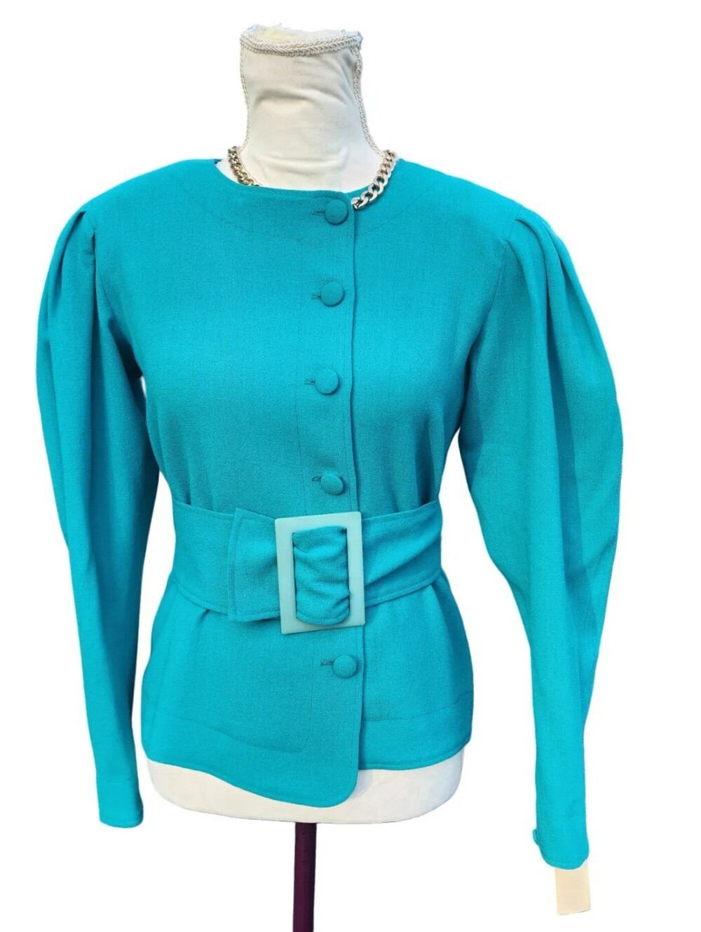 NWT Vintage Jean Muir Studio Teal Blue Wool Belted Puff Sleeve Jacket Blazer 8